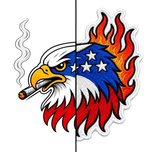 Graphic artwork of an eagle with stars and stripes compared directly to a physical embroidery patch replication showing detailed stitch texture.