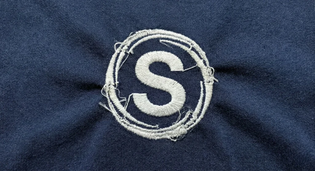 Close up of embroidery puckering on dark blue fabric