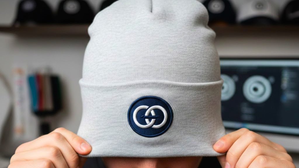Custom circle logo on gray beanie showing perfect round shape and no gaps