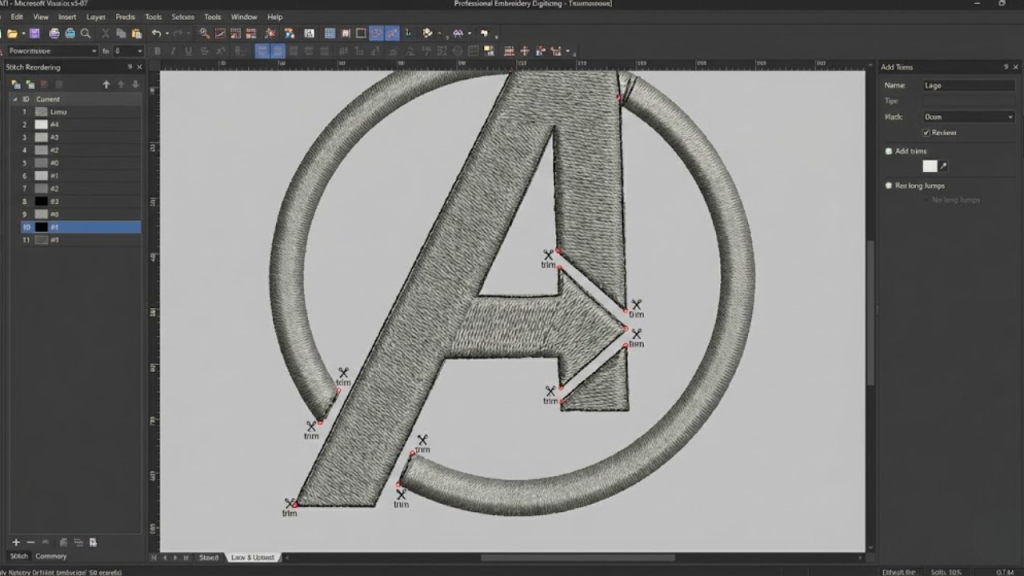 Embroidery software view showing manual trim points and optimized stitch pathing