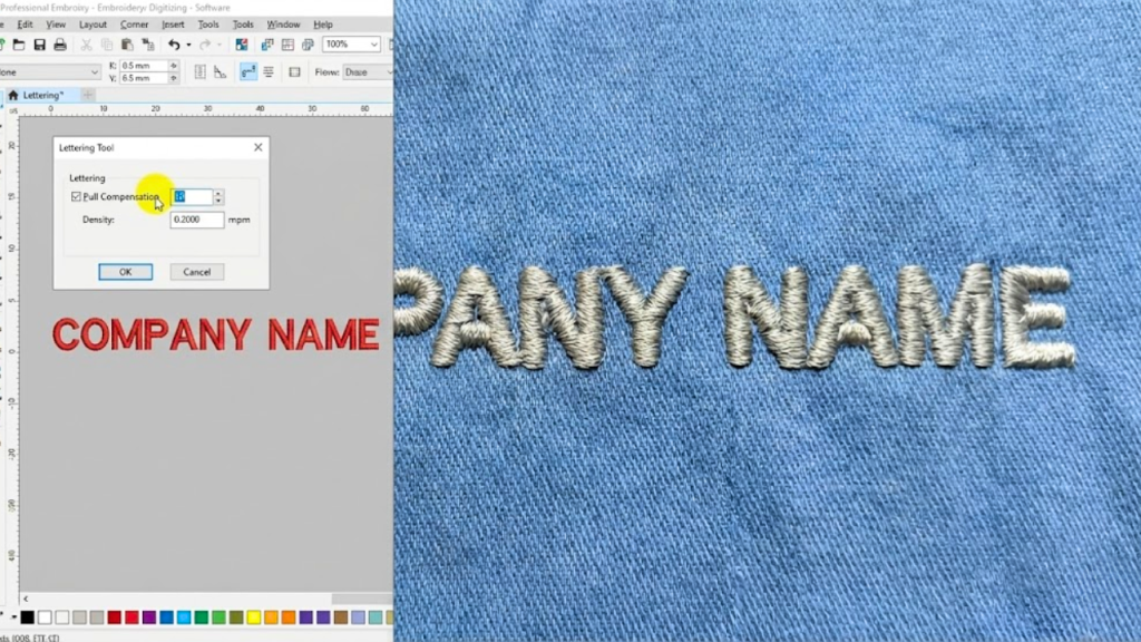 Embroidery software settings adjusting pull compensation to thicken lettering