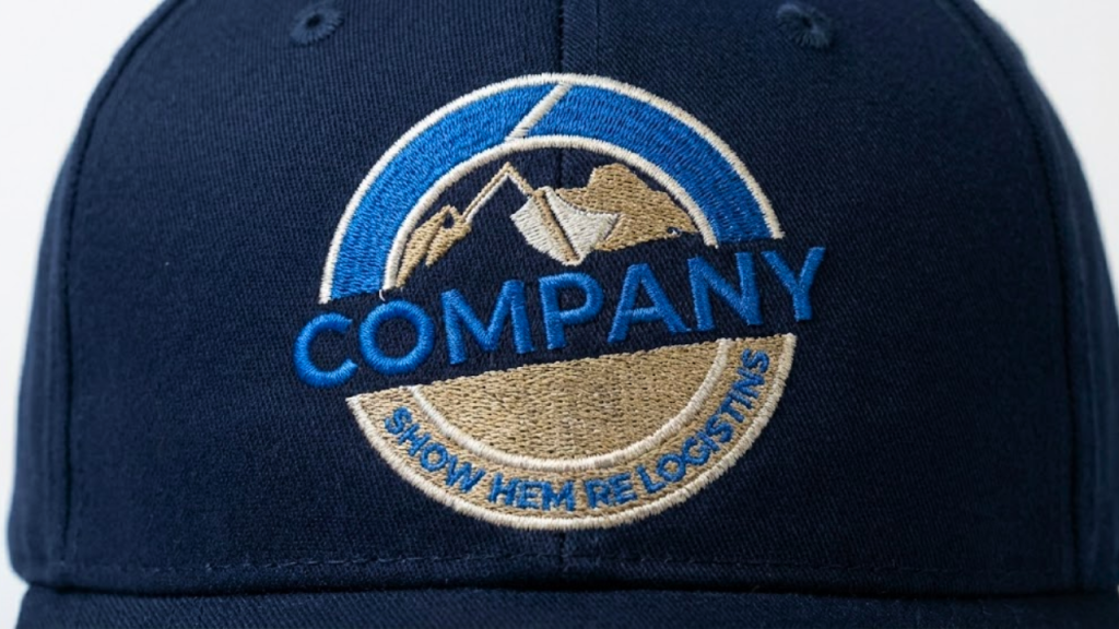 Professionally digitized custom embroidery logo on dark blue baseball cap