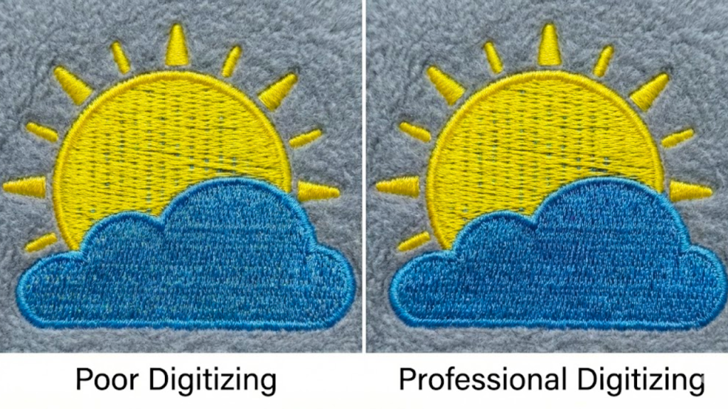 Comparison of poor digitizing with color gaps vs professional embroidery coverage