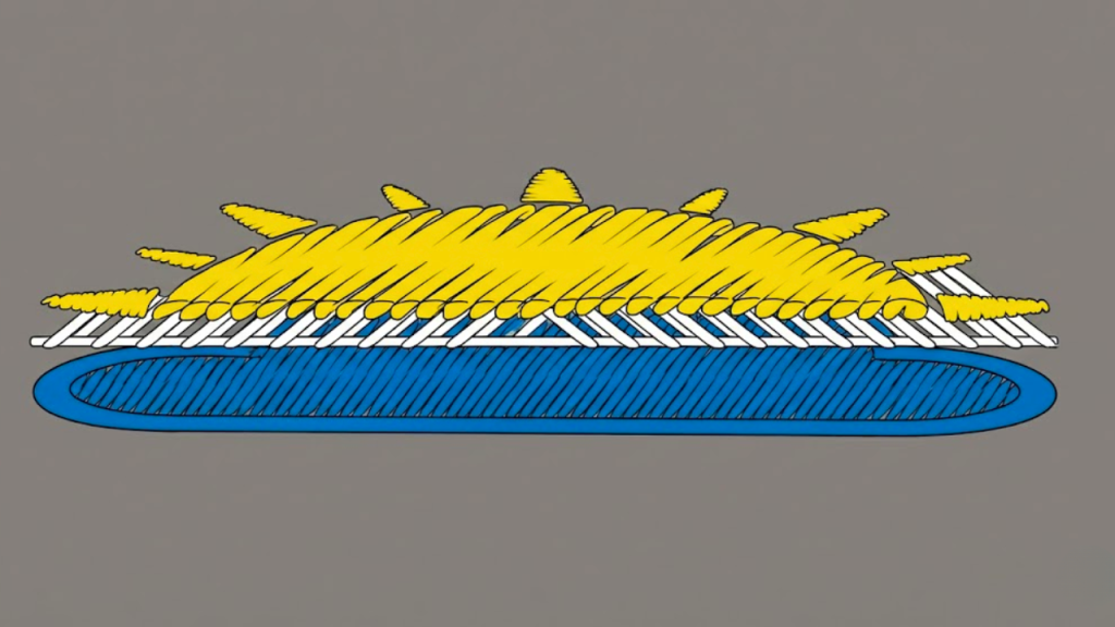 Cross-section diagram of embroidery stitching showing underlay foundation layers