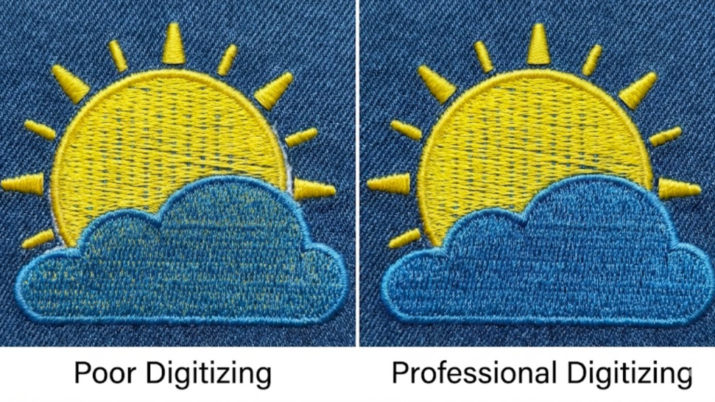 Comparison of poor digitizing with color gaps vs professional embroidery coverage on a sun patch