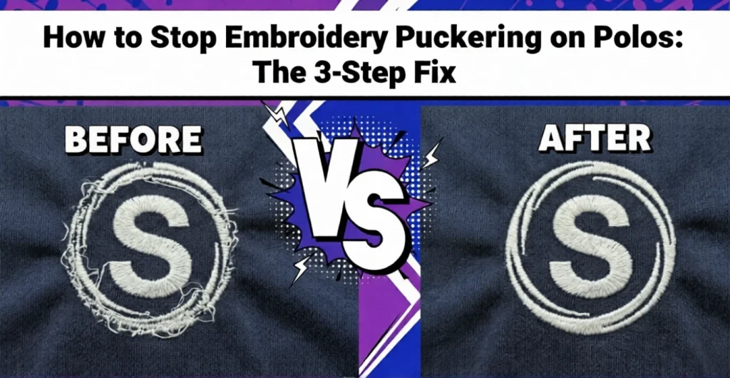 Before and after embroidery puckering fix on polo shirt - Bad vs Good Digitizing