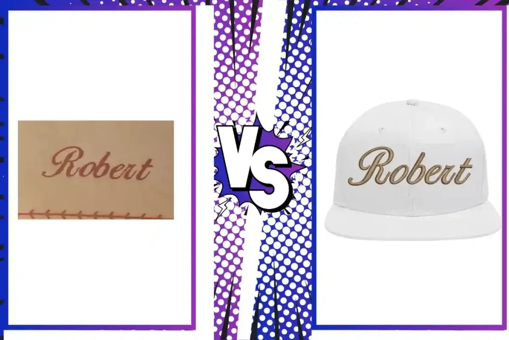 Comparison of a flat script logo and a 3D raised foam "Robert" embroidery on a hat.