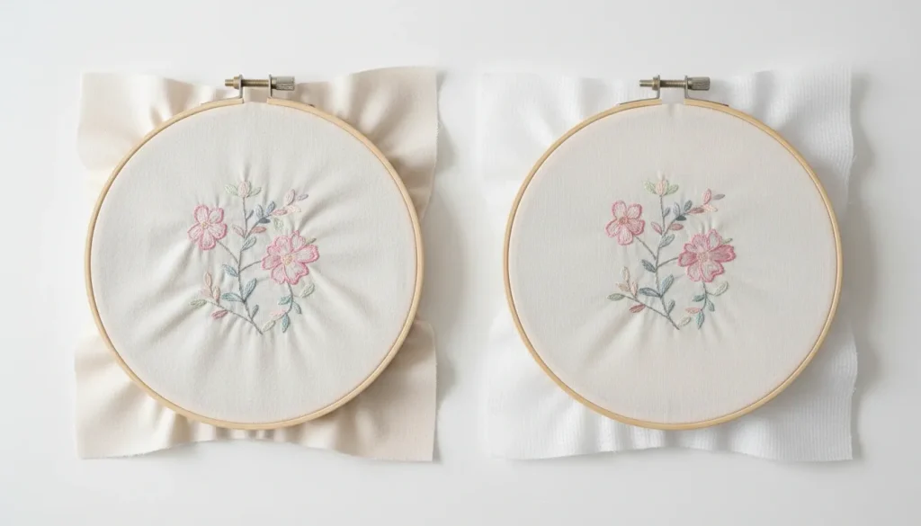 Wrong vs correct stabilizer comparison showing how to fix too much push in embroidery