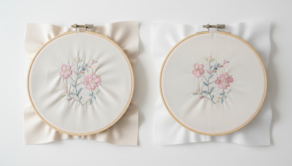 Wrong vs correct stabilizer comparison showing how to fix too much push in embroidery