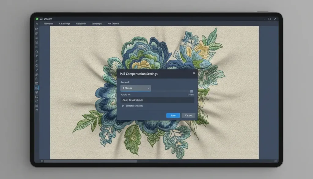 embroidery software pull compensation set too high causing too much push in embroidery