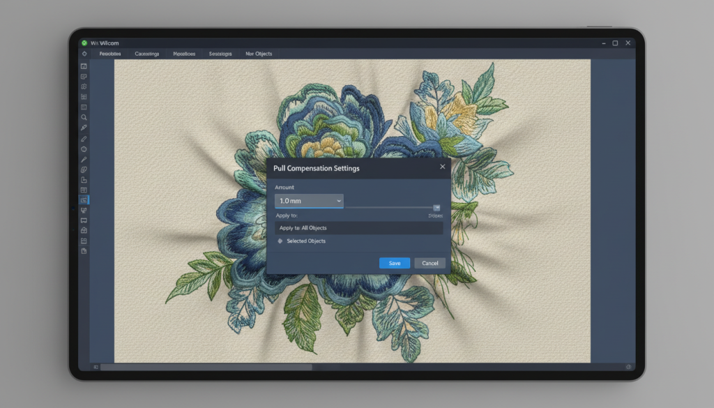 mbroidery software pull compensation set too high causing too much push in embroidery
