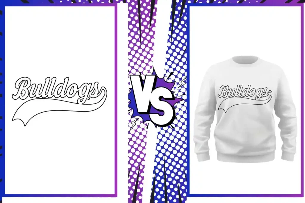 A "Bulldogs" script design and its finished applique fabric overlay on a white sweatshirt.