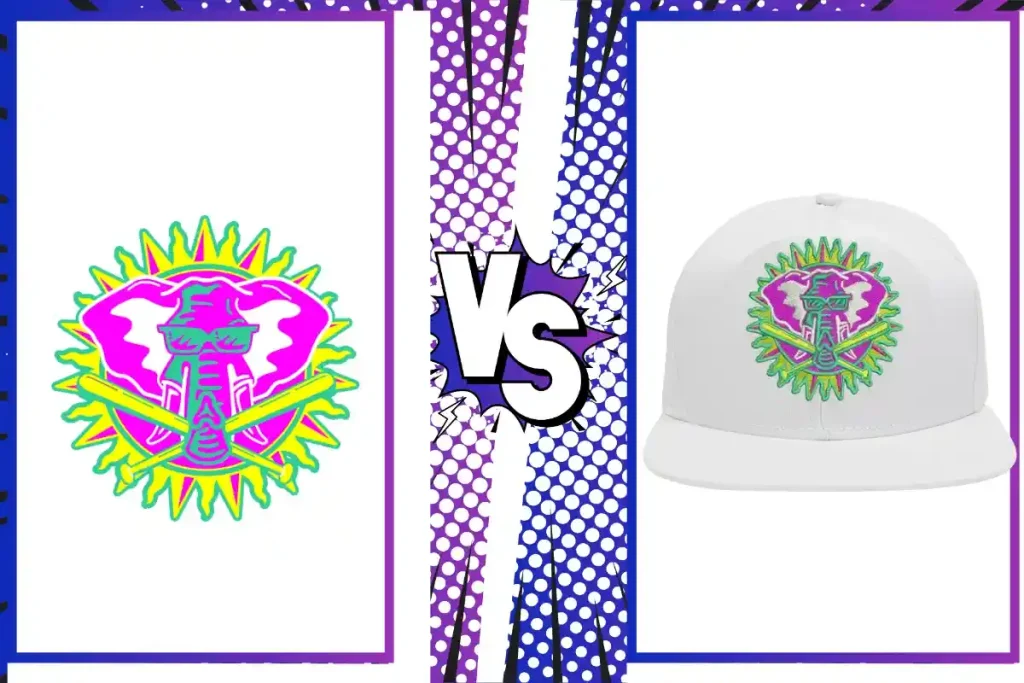 A vibrant elephant logo next to a 3D-effect embroidery on a white snapback cap.