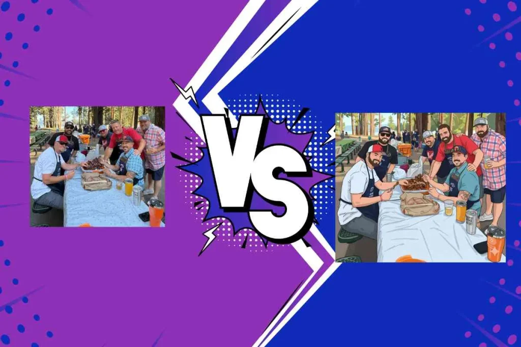 Side-by-side comparison of a real photo of a group of friends at a BBQ and its transformed cartoon vector illustration.