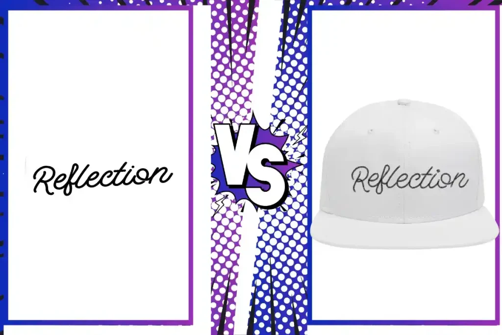 Reflection" script logo shown in a textured, vintage-style looped chain stitch on a cap.