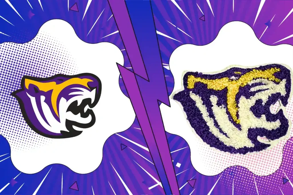 Side-by-side of a digital tiger mascot and a textured purple and gold chenille patch with a fuzzy finish.