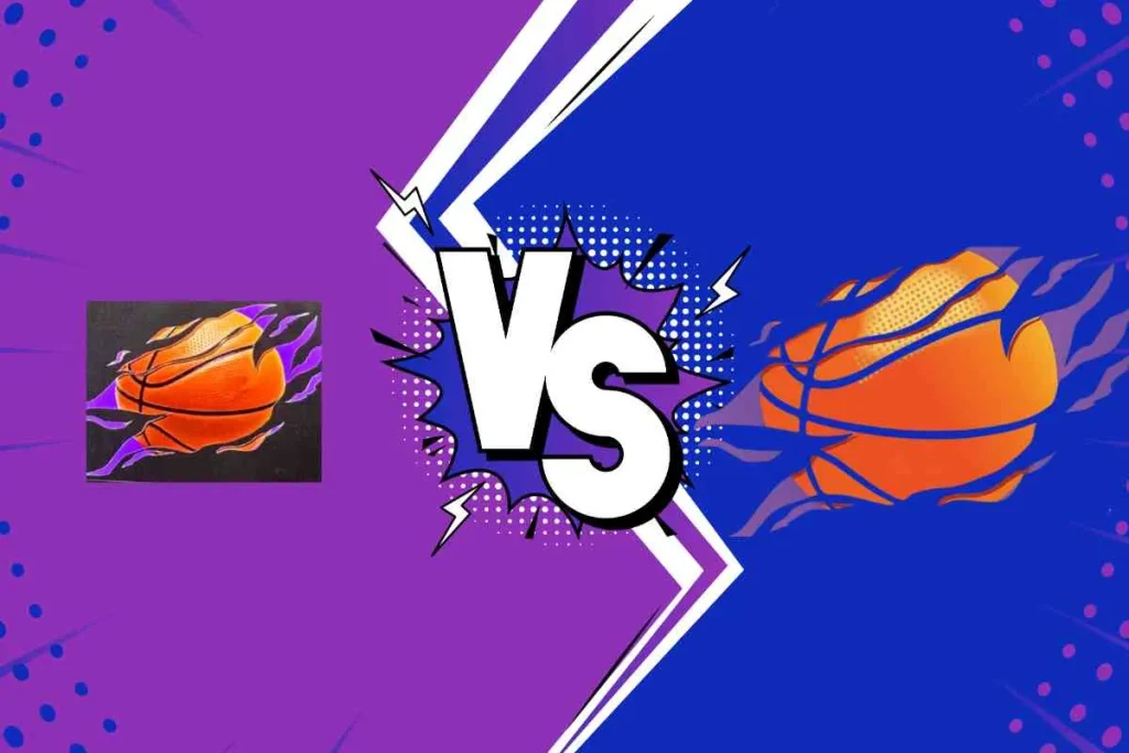 A basketball graphic with purple flames, shown as a low-res original versus a high-resolution, color-separated vector for printing.