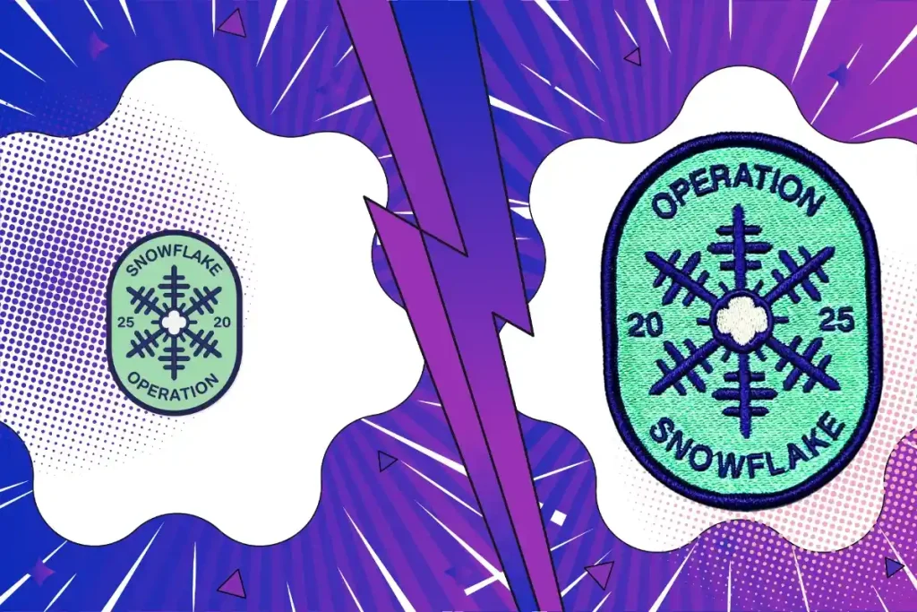 Comparison between a digital snowflake design and a finished embroidered patch with dense teal and navy stitching.