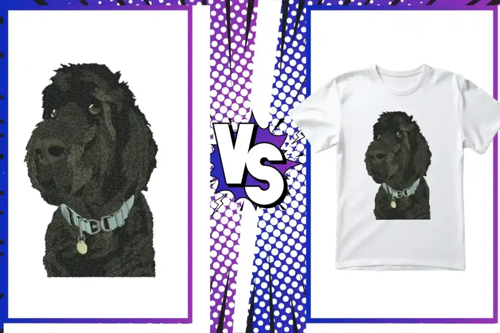 A highly detailed black poodle portrait in flat embroidery next to the finished t-shirt.