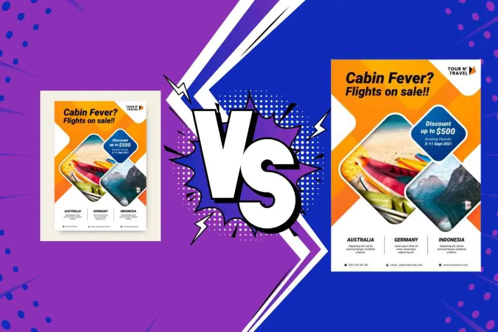 A travel agency flyer shown in low resolution next to a crisp, print-ready vector recreation with clear text.