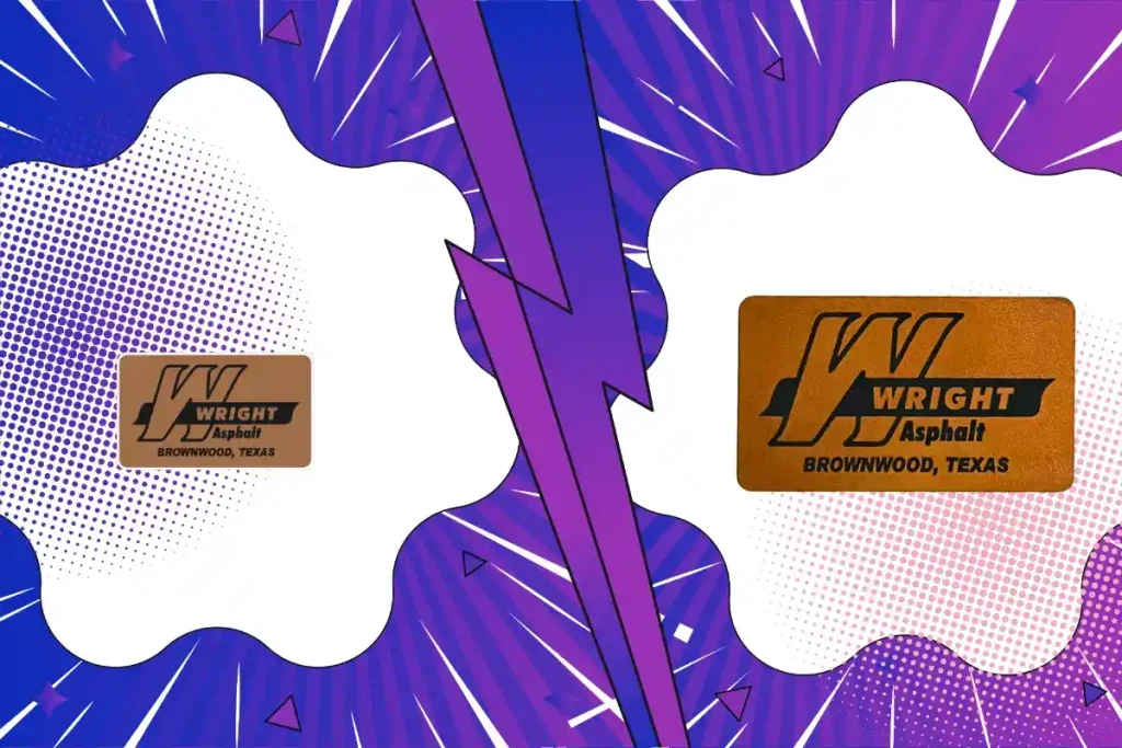 A digital logo for Wright Asphalt next to a tan leather patch with precise laser-engraved details.