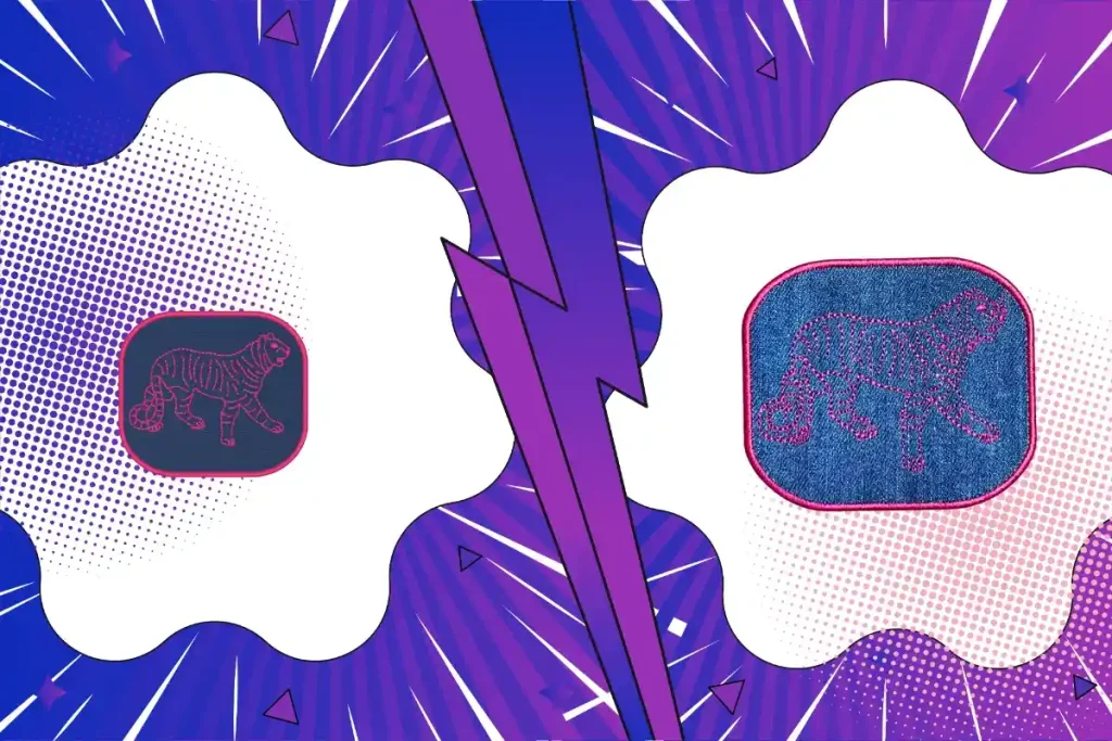 A digital outline of a tiger next to a denim patch featuring thin pink embroidered line work.