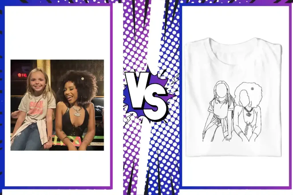 A photograph of two women converted into a minimalist black-and-white line art embroidery on a t-shirt.