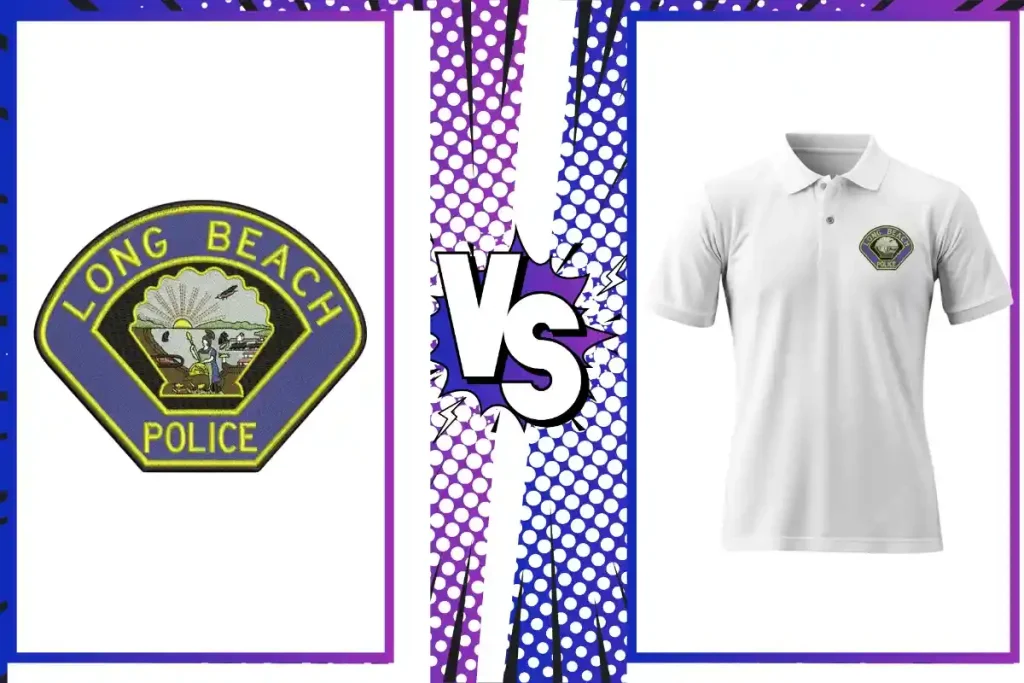 A detailed police department patch design and its application on the left chest of a polo shirt.