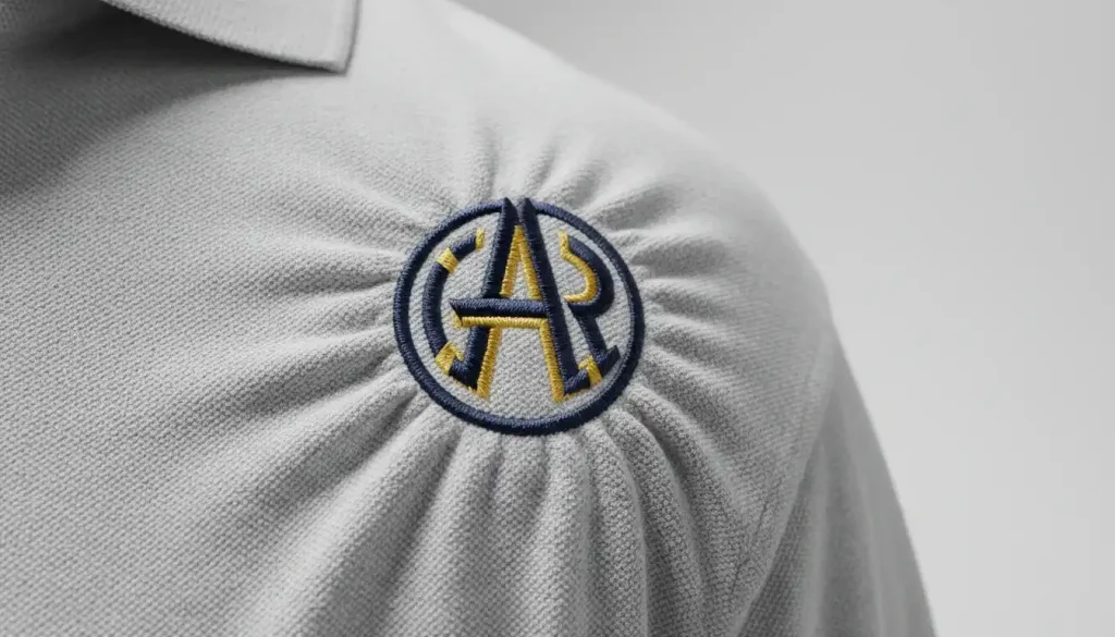 lose-up of too much push in embroidery with fabric rippling around a logo on a polo shirt