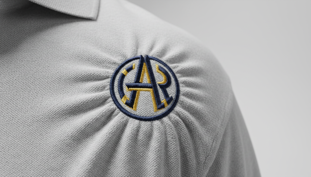 lose-up of too much push in embroidery with fabric rippling around a logo on a polo shirt