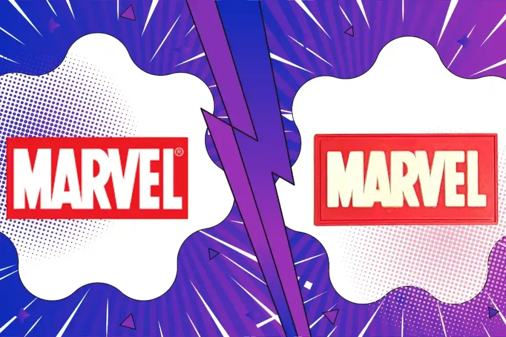 A flat Marvel logo next to a 3D molded red rubber PVC patch with a raised border.