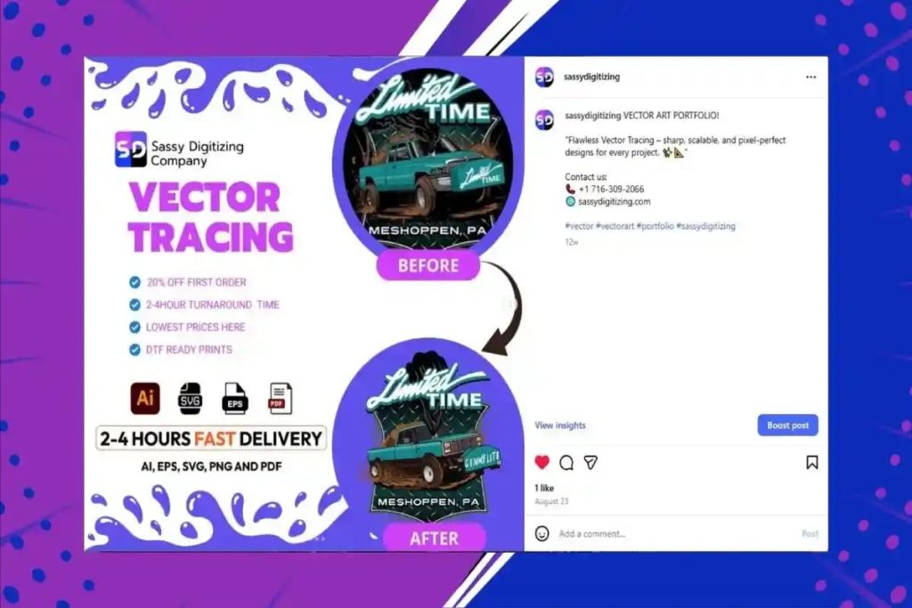 An Instagram post layout featuring "Sassy Digitizing Company" vector tracing services and 2-4 hour delivery times.