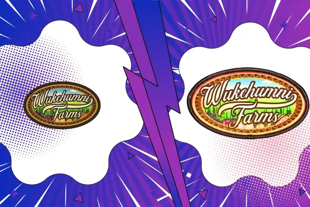 An intricate colorful farm logo next to a sublimated patch with a stitched merrowed edge.