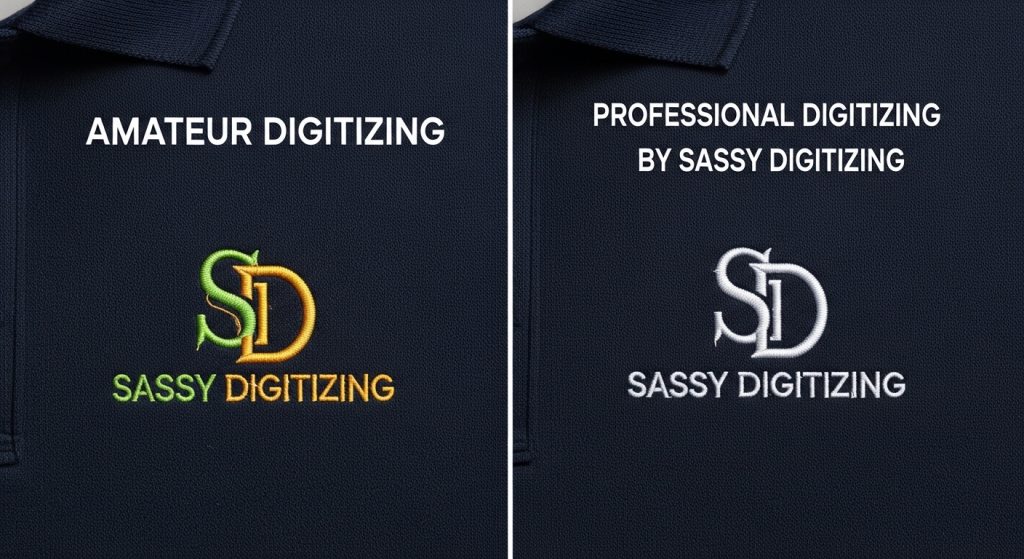 Final comparison of embroidery with color bleed and thread gaps versus professionally digitized file with perfect coverage