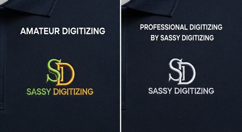 Final comparison of embroidery with color bleed and thread gaps versus professionally digitized file with perfect coverage