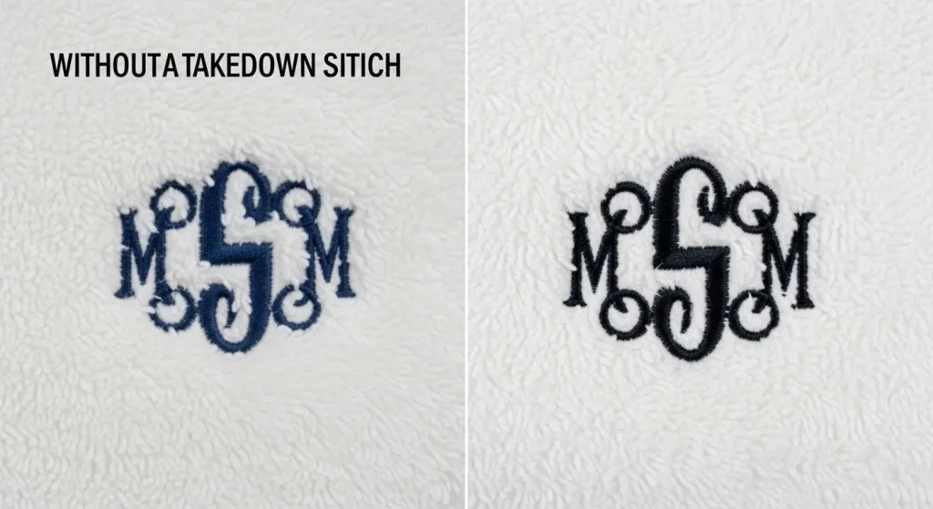 Comparison of embroidered towel without takedown stitch showing blurry design versus with takedown stitch showing crisp clear embroidery