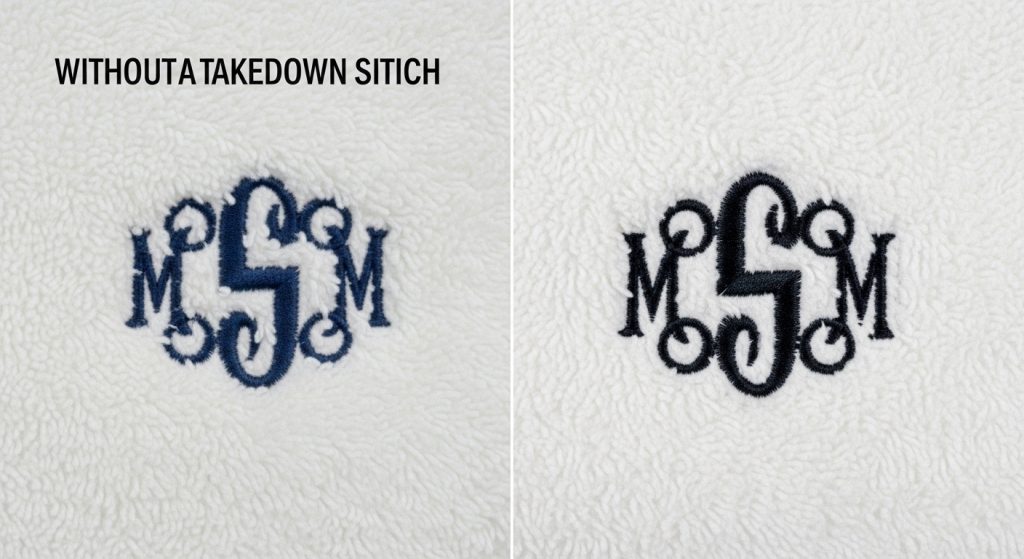 Comparison of embroidered towel without takedown stitch showing blurry design versus with takedown stitch showing crisp clear embroidery