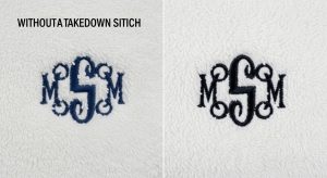 Comparison of embroidered towel without takedown stitch showing blurry design versus with takedown stitch showing crisp clear embroidery