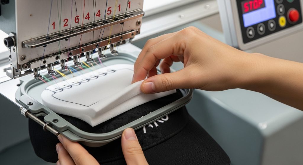 Embroidery machine paused at color stop while operator places foam material on cap for 3D puff embroidery