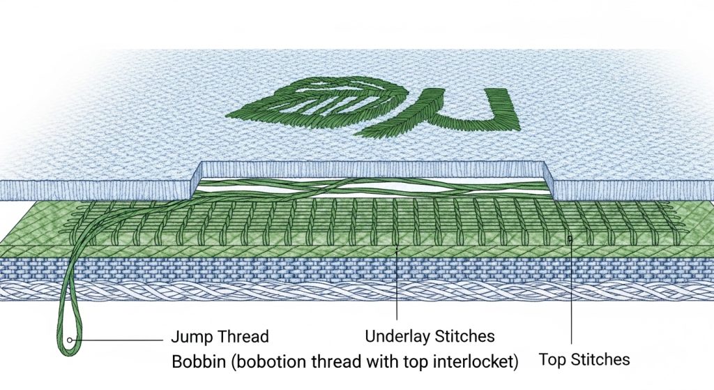 Cross-section illustration showing how underlay stitches can hide small jump threads beneath main embroidery layer
