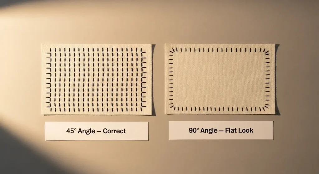 satin stitch direction comparison showing 45 degree vs 90 degree embroidery angle