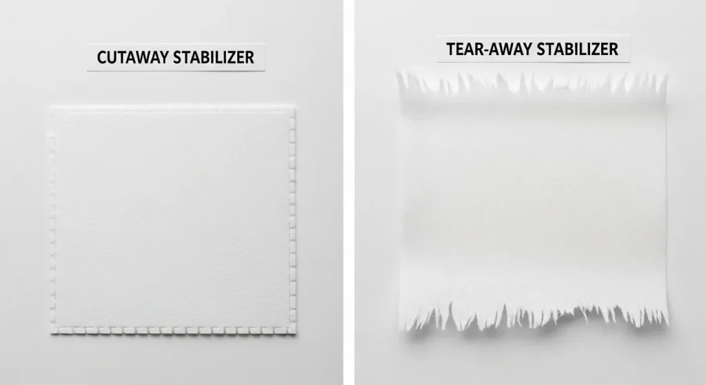 Visual comparison of cutaway stabilizer versus tear-away stabilizer for embroidery