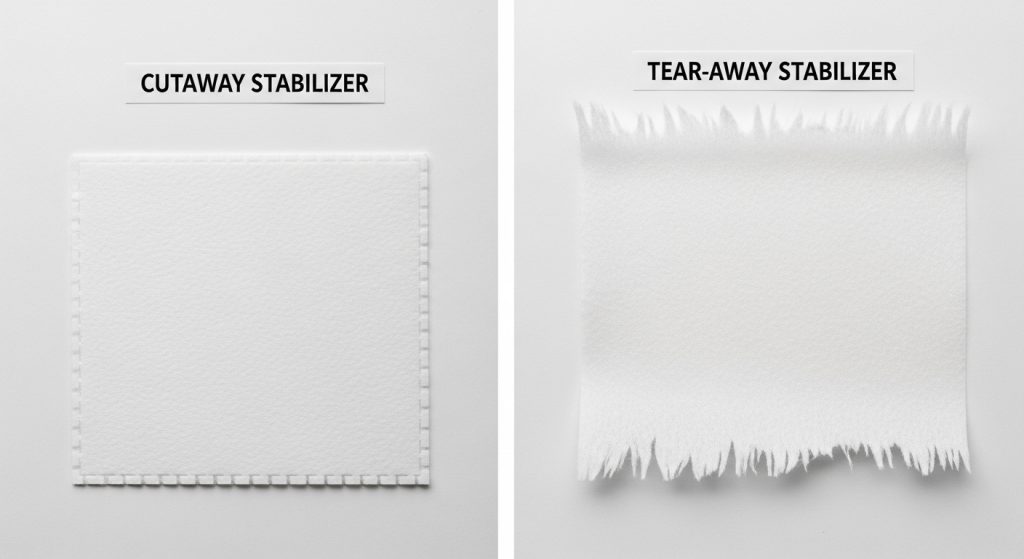 Visual comparison of cutaway stabilizer versus tear-away stabilizer for embroidery