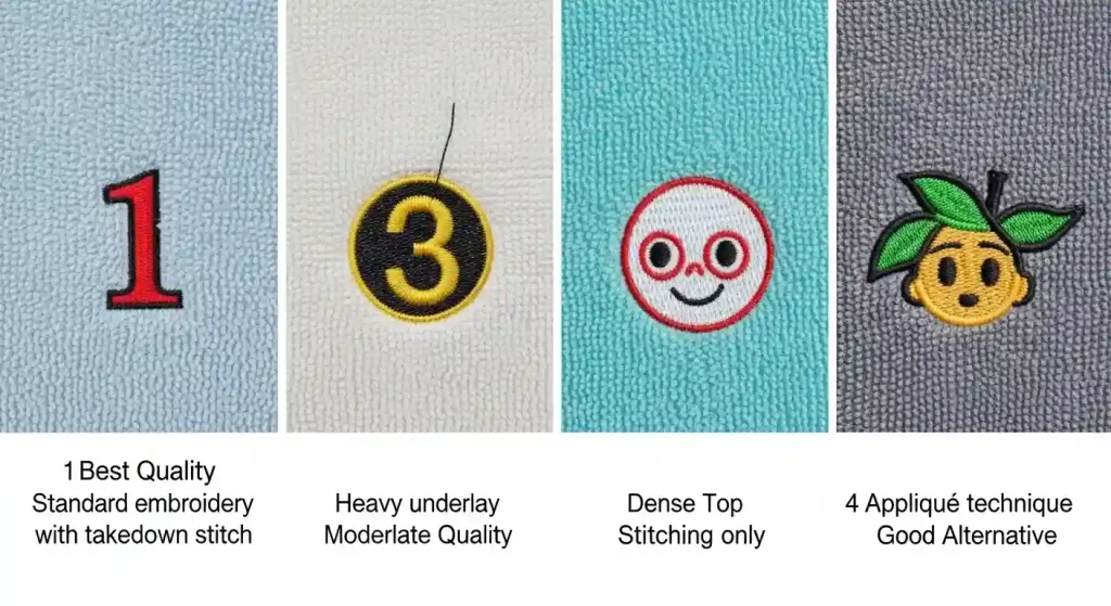 Infographic comparing four embroidery techniques on terry cloth: takedown stitch, heavy underlay, dense stitching, and appliqué
