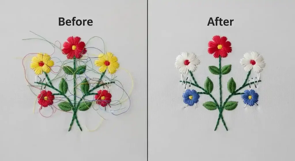 Before and after comparison of embroidery showing visible jump stitches versus clean edited file with trim commands removing thread jumps