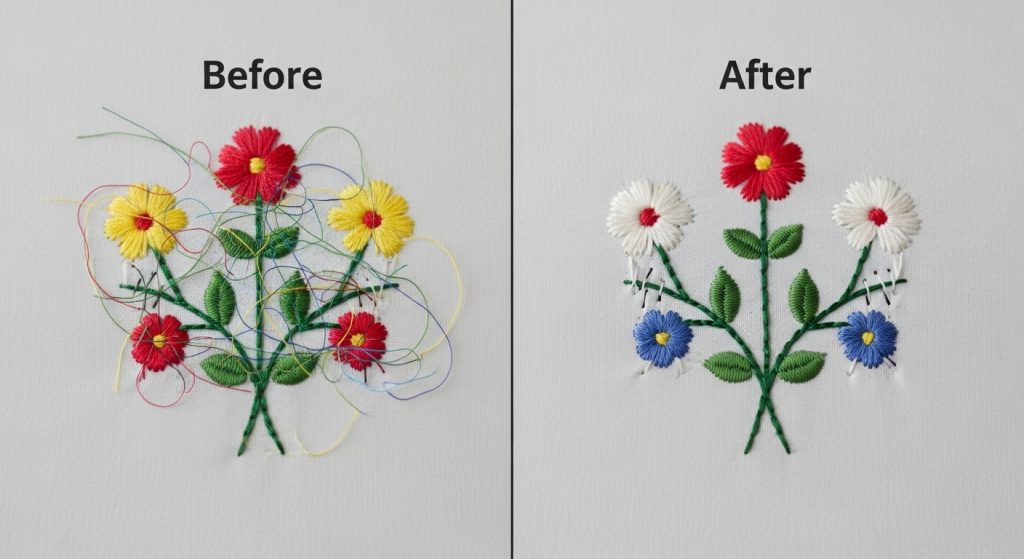 Before and after comparison of embroidery showing visible jump stitches versus clean edited file with trim commands removing thread jumps