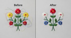 Before and after comparison of embroidery showing visible jump stitches versus clean edited file with trim commands removing thread jumps