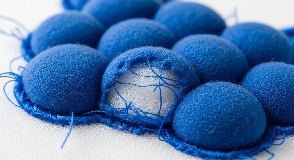 Close-up of failed 3D puff embroidery showing exposed white foam material through gaps in thread coverage due to missing color stops
