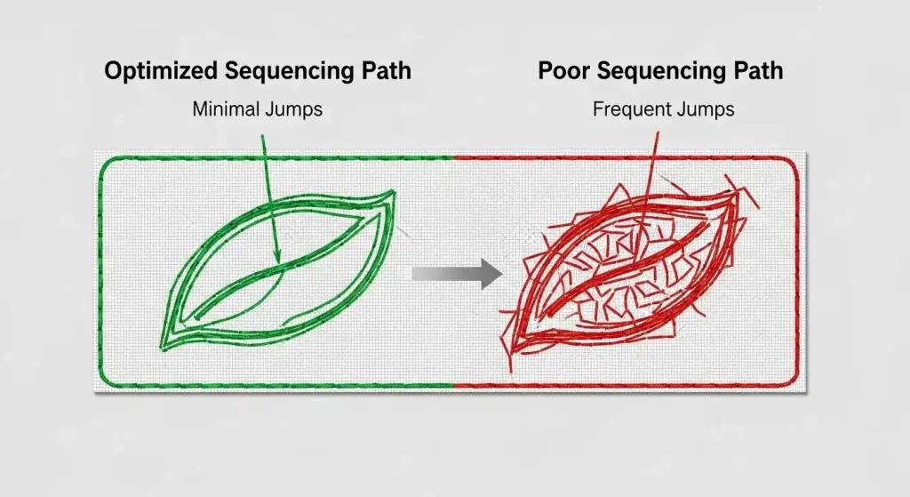 Diagram comparing poor stitch sequencing with optimized path showing how to reduce jump stitch travel distance in embroidery files