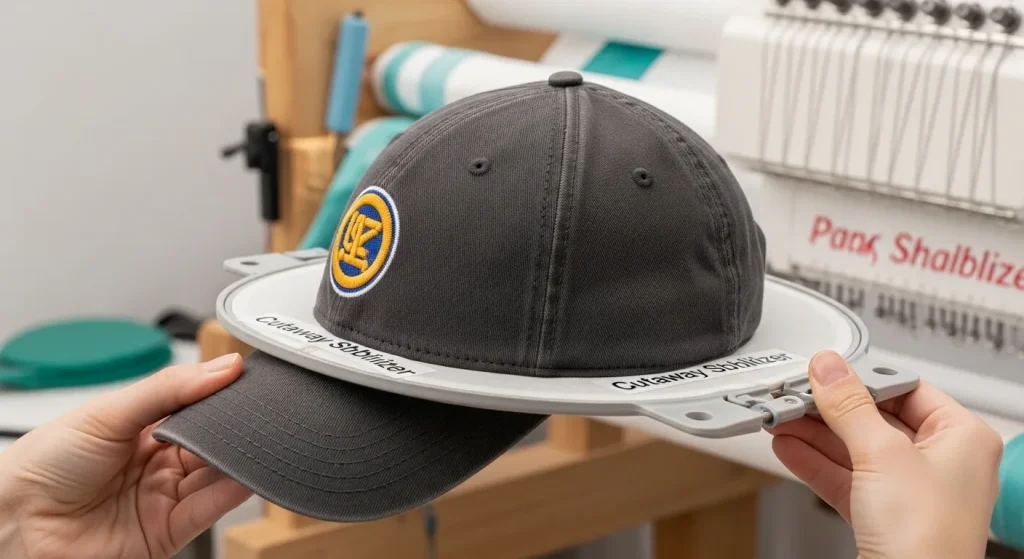 Proper hooping technique for hat embroidery with stabilizer backing